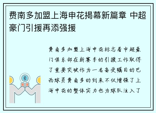 费南多加盟上海申花揭幕新篇章 中超豪门引援再添强援